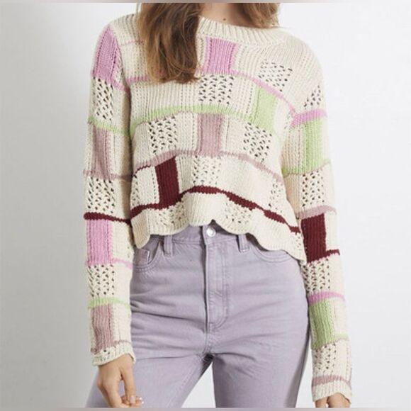 LA Hearts Mixed Messages Checker Cotton Knit Sweater in Cream Multi - Size S - Picture 2 of 7